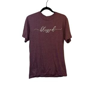Blessed Graphic Tee Medium Burgundy Christian Faith Shirt Minimalist Script Top